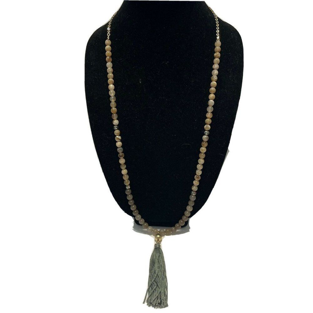gray tassel gold tone necklace pink grey quartz bead  32-35” Long